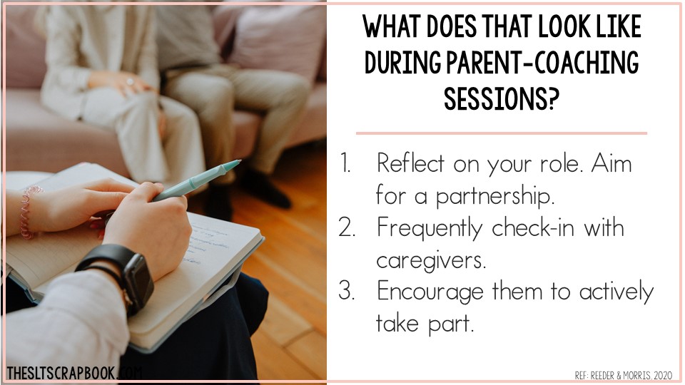 Image of therapist sat with notebook, talking to parents who are sat in the background. Text summarises the three points from the post.