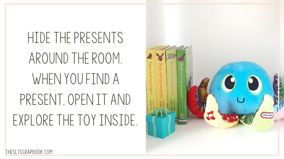 Picture of one of the Counting Surprise Party presents on a shelf next to some toys. The text reads "hide the presents around the room. When you find a present, open it and explore the toy inside".