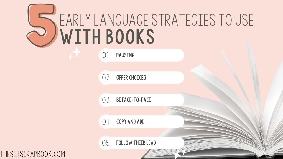 Title reads 5 early language strategies to use with books. Underneath is a bullet pointed list- pausing, offer choices, be face-to-face, copy and add, follow their lead. In the right corner is an open book for decoration.