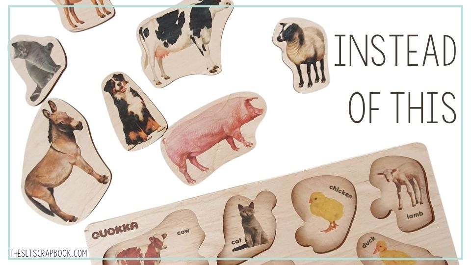 Picture of all the pieces from an inset puzzle scattered around, next to the puzzle board. The text reads "instead of this..."
