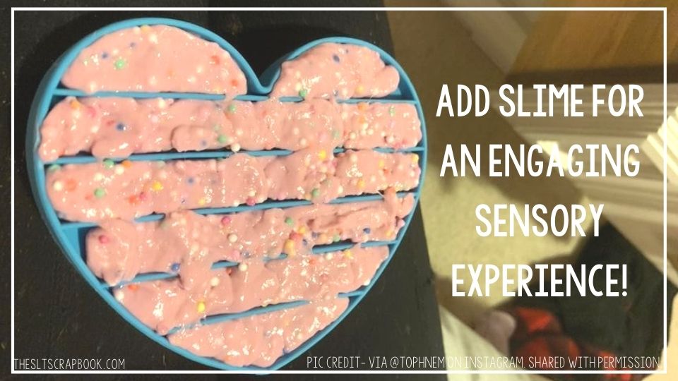 Picture of a fidget popper toy filled with pink slime. The text reads "add slime for an engaging sensory experience". Image and idea shared from @tophnem on Instagram with permission.