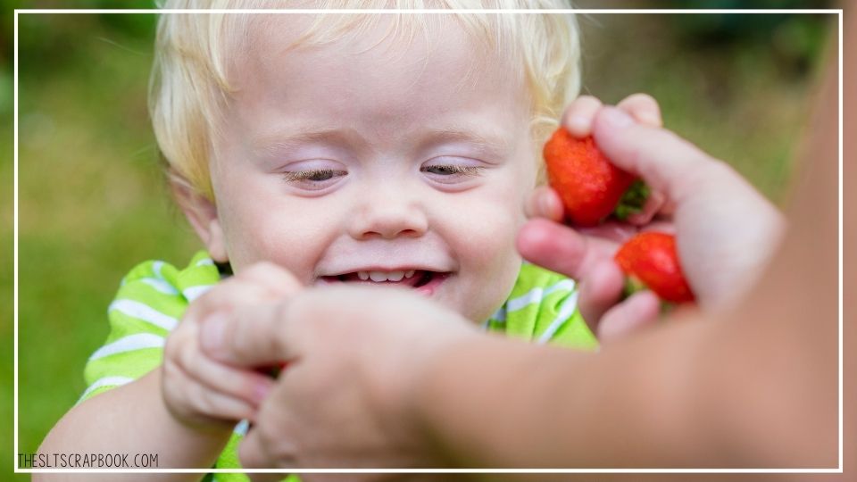 Picture of a young child being offered two snacks. Example of the 'offering choices' language strategy to use at mealtimes.