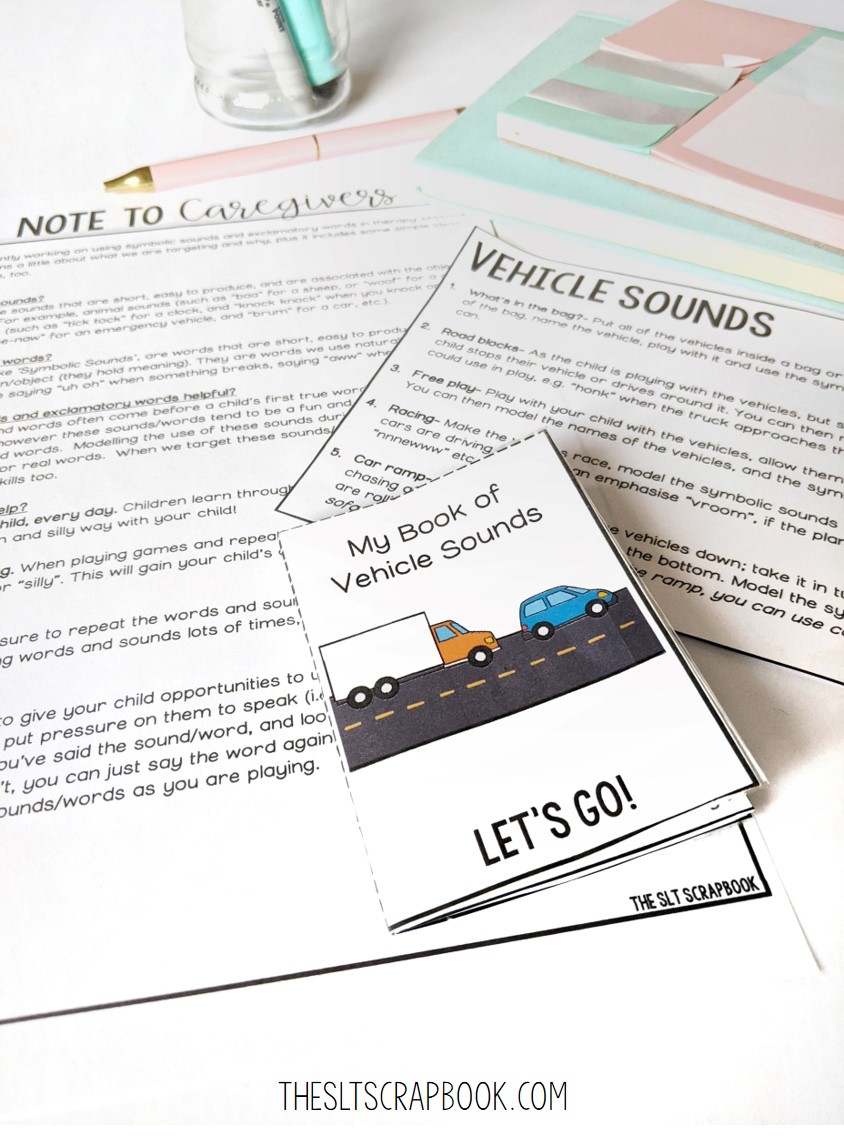 Image showing a caregiver handout, vehicle sounds mini-book, and vehicle sounds activity ideas from the Symbolic Sounds and Exclamatory Words resource by The SLT Scrapbook.