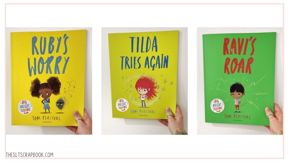 Three children's books about emotions shown on a white background. The books from left to right are: Ruby's Worry, Tilda Tries Again, and Ravi's Roar, all written by Tom Percival.