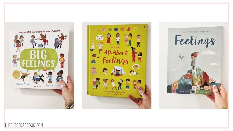 Three children's books about emotions shown on a white background. The books from left to right are: Big Feelings by Suzanne Kaufman, All About Feelings by Usborne Books, and Feelings by Libby Walden.