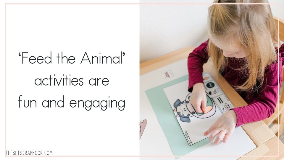 On the left, black text on a white background reads 'Feed the animal activities are fun and engaging'. On the right is a picture of a young girl in a red dress doing a 'feed the cow' interactive activity.