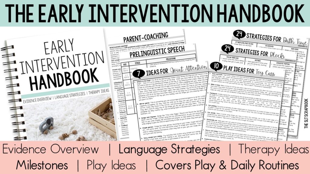Image with example pages from the Early Intervention Handbook. At the bottom, black text on a pink background lists things the Handbook includes- "Evidence Overview, Language Strategies, Therapy Ideas, Milestones, Play Ideas, Covers Play and Daily Routines".