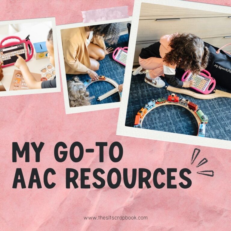 Background shows a crumpled pink paper, three polaroid-style images of varying sizes show children interacting with AAC devices. The Text reads 'My Go-To AAC Resources'.