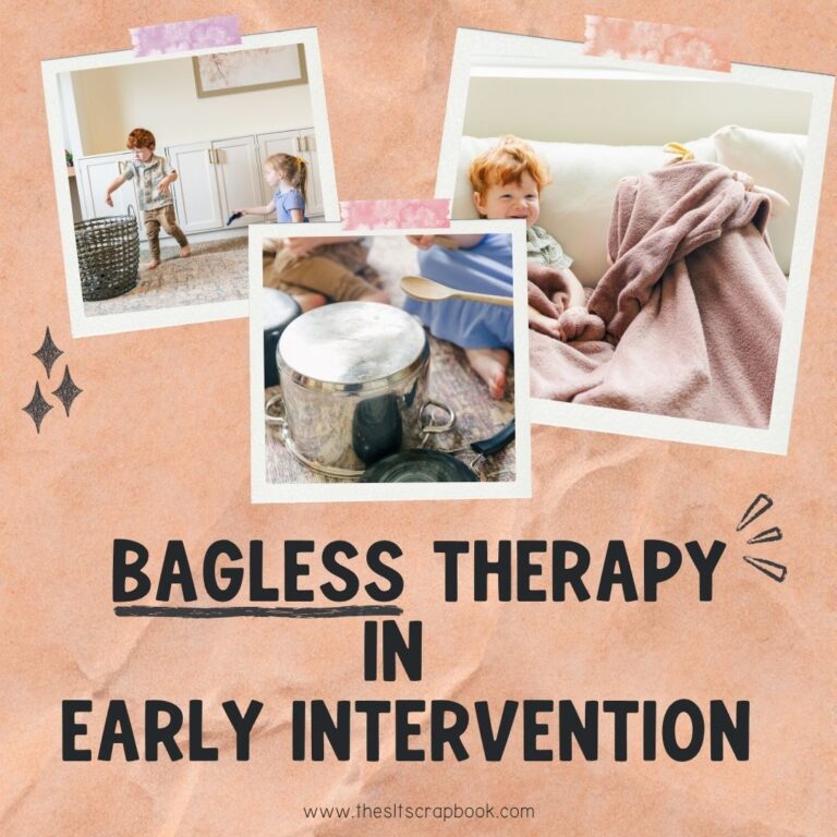 Black text on an orange crinkled paper background reads "Bagless Therapy in Early Intervention". There are three pictures arranged like polaroid pictures with showing children playing with everyday items like socks, a blanket, and pots and pans.