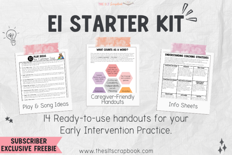 Image showing the EI Starter Kit. Three pages are shown, arranged like polaroids. Text underneath reads !14 ready-to-use handouts for your Early Intervention practice".